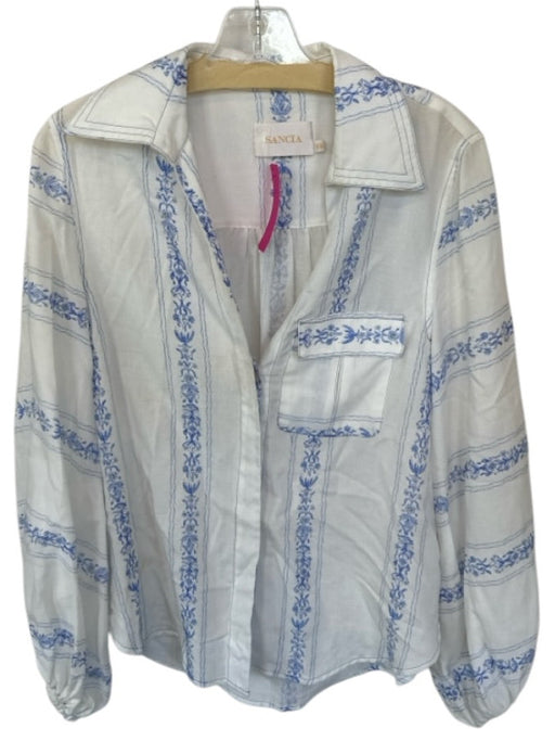 Sancia Size XS White & Blue Tencel & Linen Long Sleeve Flowers Button Down Top White & Blue / XS