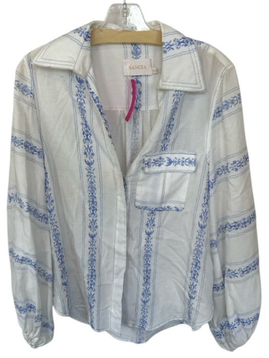 Sancia Size XS White & Blue Tencel & Linen Long Sleeve Flowers Button Down Top White & Blue / XS
