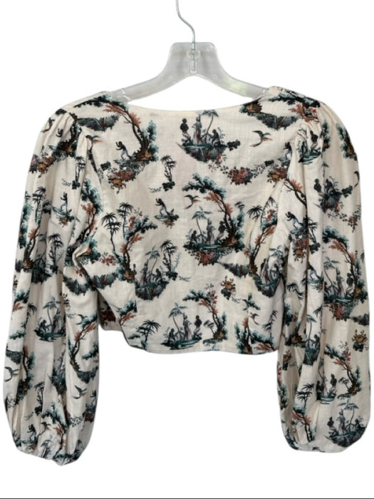Agua Bendita Size S Tan & Teal Linen Long Sleeve Hawaiian Cropped Top Tan & Teal / S