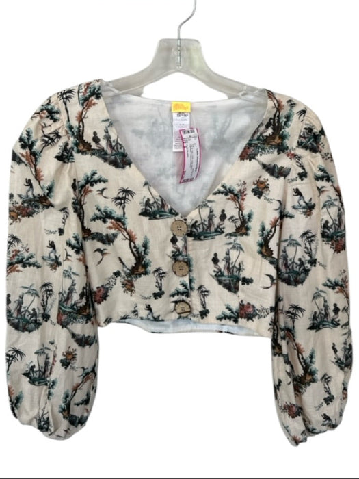 Agua Bendita Size S Tan & Teal Linen Long Sleeve Hawaiian Cropped Top Tan & Teal / S