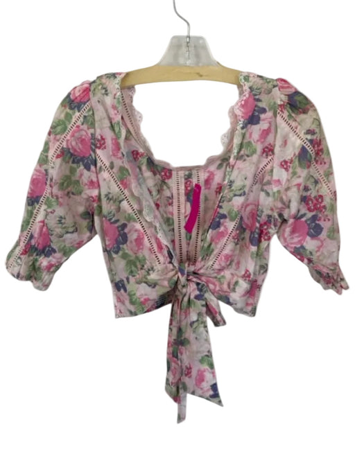 Loveshackfancy Size XS Pink & Green Cotton 3/4 Balloon Sleeve Flowers Top Pink & Green / XS