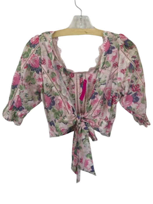 Loveshackfancy Size XS Pink & Green Cotton 3/4 Balloon Sleeve Flowers Top Pink & Green / XS