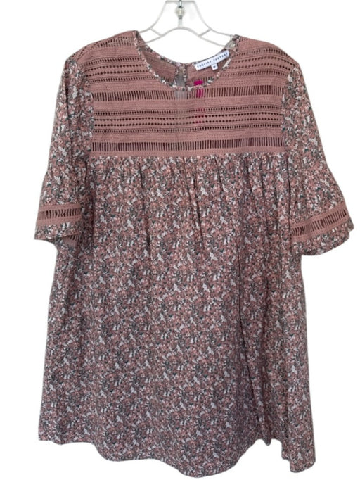 English Factory Size M Mauve & Green Cotton Short Bell Sleeve Flowers Dress Mauve & Green / M