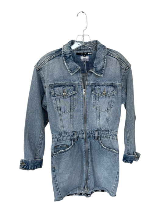 Ksubi Size M Med Light Wash Cotton Long Sleeve Front Zip Denim Raw Hem Dress Med Light Wash / M