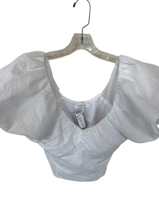 Frame Size M White Cotton Short Balloon Sleeve Pleated V Neck Top White / M