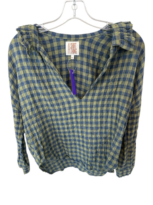 A Shirt Thing Size S Green & Navy Cotton Blend Long Sleeve Checkered V Neck Top Green & Navy / S