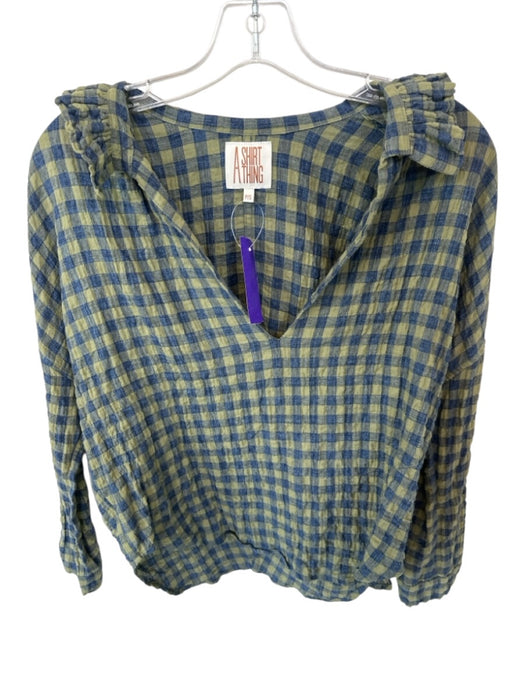 A Shirt Thing Size S Green & Navy Cotton Blend Long Sleeve Checkered V Neck Top Green & Navy / S