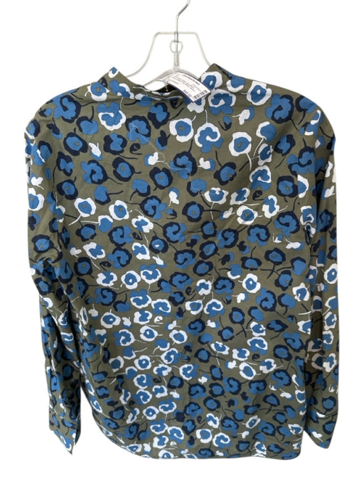 Piazza Sempione Size 42 Blue & Green Cotton Long Sleeve Flowers Buttons Top Blue & Green / 42
