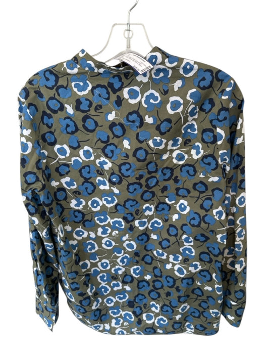 Piazza Sempione Size 42 Blue & Green Cotton Long Sleeve Flowers Buttons Top Blue & Green / 42