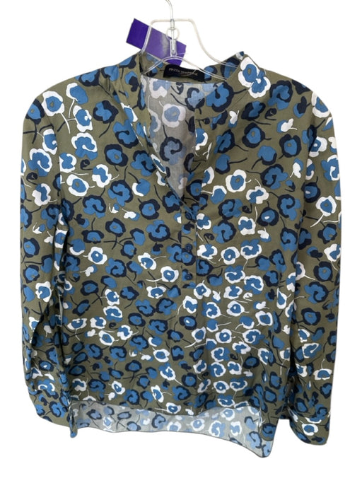 Piazza Sempione Size 42 Blue & Green Cotton Long Sleeve Flowers Buttons Top Blue & Green / 42