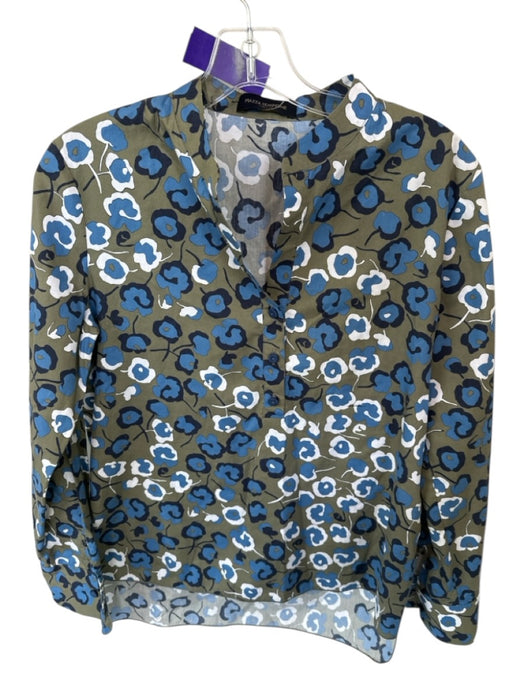 Piazza Sempione Size 42 Blue & Green Cotton Long Sleeve Flowers Buttons Top Blue & Green / 42