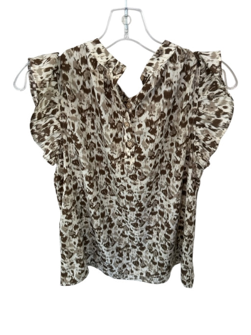 THML Size M Brown & Cream Polyester Flutter Sleeves Animal Print Buttons Top Brown & Cream / M