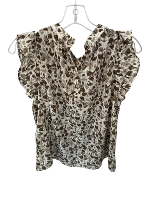 THML Size M Brown & Cream Polyester Flutter Sleeves Animal Print Buttons Top Brown & Cream / M