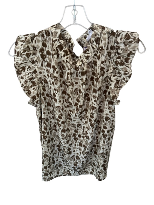 THML Size M Brown & Cream Polyester Flutter Sleeves Animal Print Buttons Top Brown & Cream / M