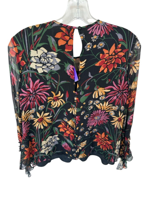 Cinq a Sept Size XXS Black & Green Silk Long Balloon Sleeve Flowers Top Black & Green / XXS