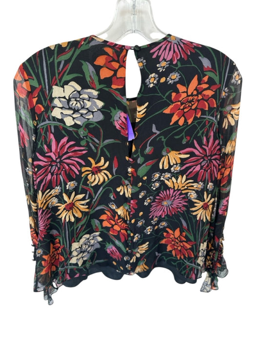 Cinq a Sept Size XXS Black & Green Silk Long Balloon Sleeve Flowers Top Black & Green / XXS