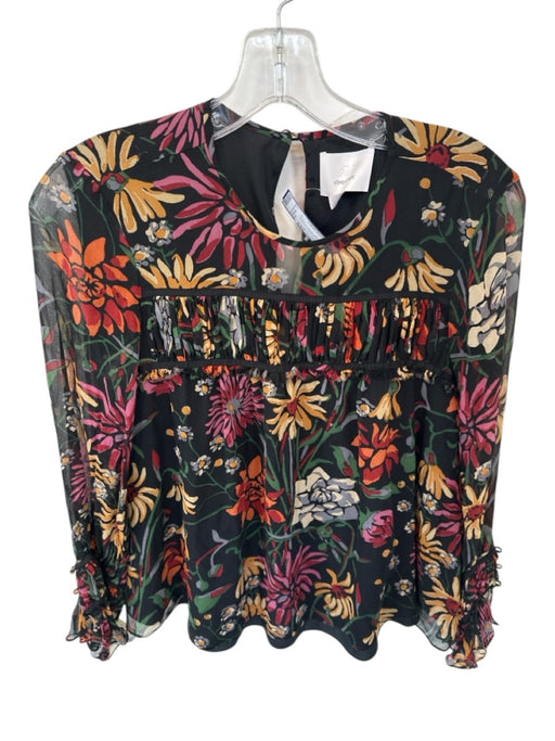 Cinq a Sept Size XXS Black & Green Silk Long Balloon Sleeve Flowers Top Black & Green / XXS