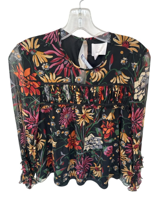 Cinq a Sept Size XXS Black & Green Silk Long Balloon Sleeve Flowers Top Black & Green / XXS