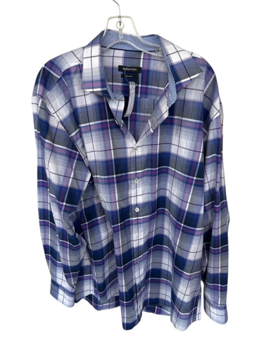 Bugatchi Size XXL Purple & White Cotton Plaid Button Down Men's Shirt Purple & White / XXL