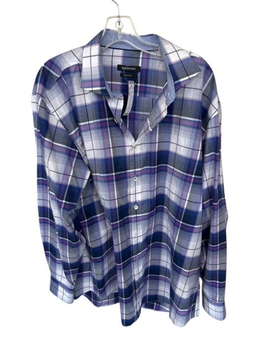 Bugatchi Size XXL Purple & White Cotton Plaid Button Down Men's Shirt Purple & White / XXL