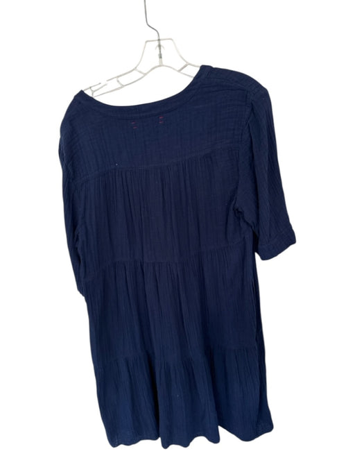 XiRENA Size L Navy Cotton 3/4 Balloon Sleeve Crinkle Buttons V Neck Dress Navy / L