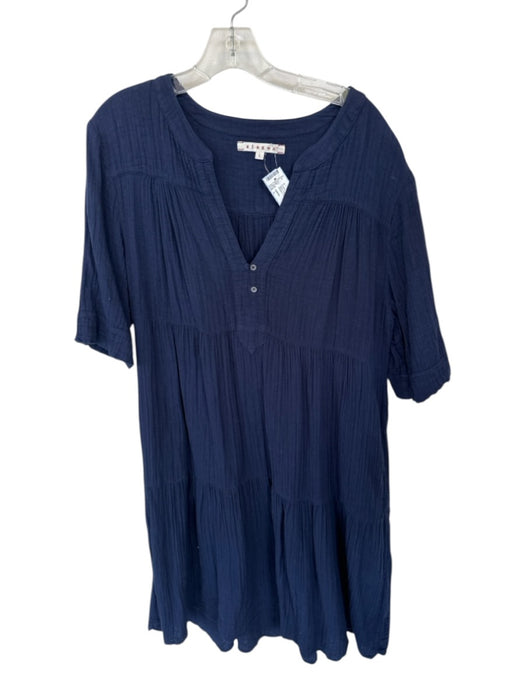 XiRENA Size L Navy Cotton 3/4 Balloon Sleeve Crinkle Buttons V Neck Dress Navy / L