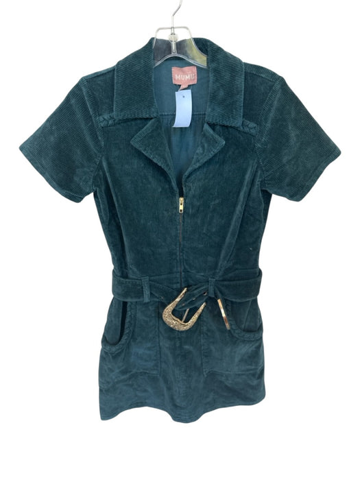 Show Me Your Mumu Size M Teal Corduroy Short Sleeve Front Zip Belted Dress Teal / M