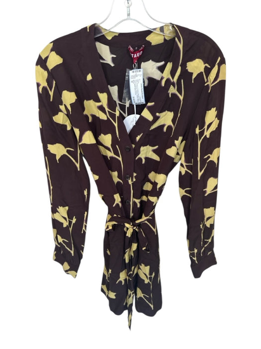 Staud Size M Brown & Yellow Viscose Long Sleeve Flowers Buttons Belted Dress Brown & Yellow / M
