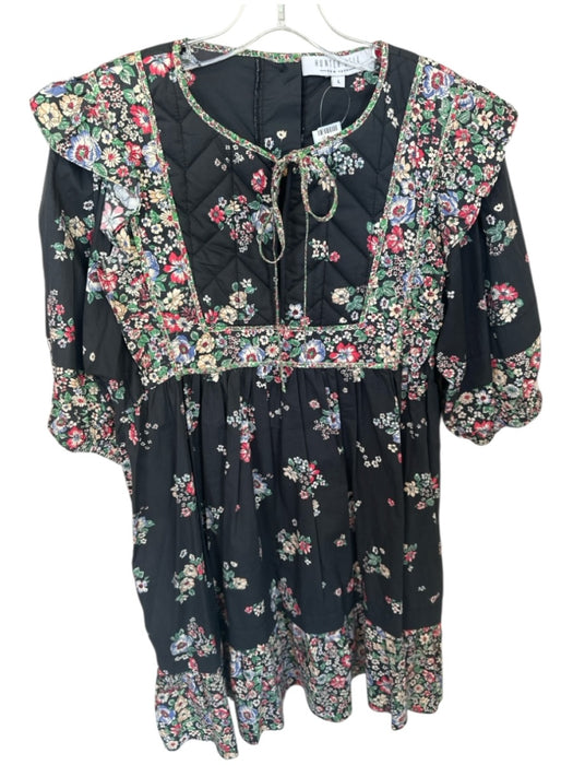 Hunter Bell Size L Black & Pink Cotton Long Balloon Sleeve Quilted Floral Dress Black & Pink / L