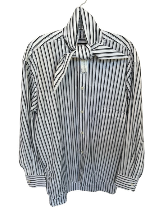 Plan C Size 44 White & Black Cotton Blend Long Sleeve Striped Neck Tie Top White & Black / 44