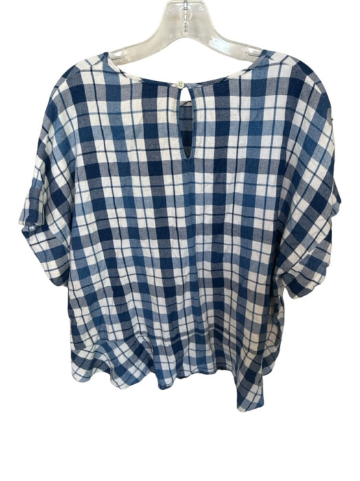 The Great Size 2/M Blue & White Cotton Short Sleeve Plaid Keyhole Back Top Blue & White / 2/M