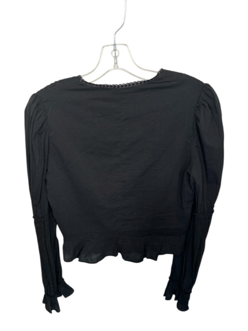 Reformation Size 8 Black Organic Cotton Long Balloon Sleeve Lace Trim V Neck Top Black / 8