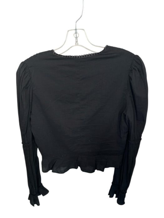 Reformation Size 8 Black Organic Cotton Long Balloon Sleeve Lace Trim V Neck Top Black / 8