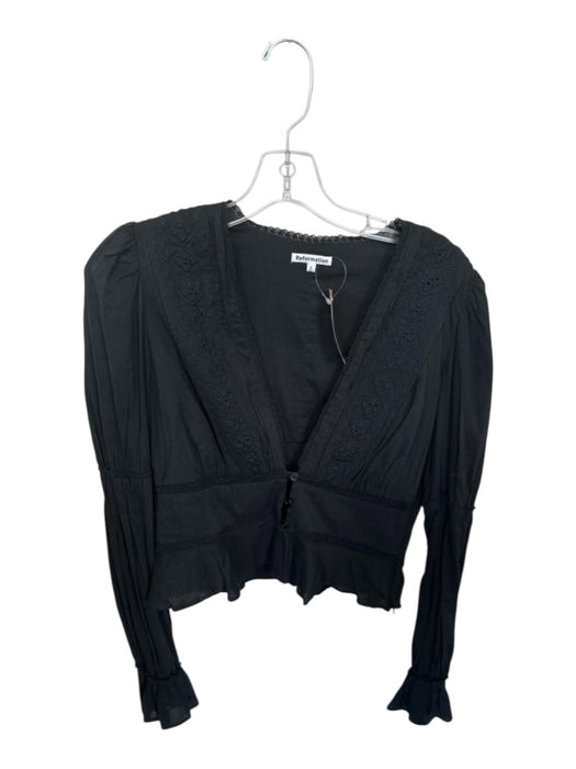 Reformation Size 8 Black Organic Cotton Long Balloon Sleeve Lace Trim V Neck Top Black / 8