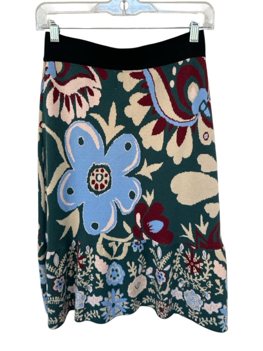 La Double J Size L Maroon & Blue Viscose Elastic Waist Flowers A Line Midi Skirt Maroon & Blue / L