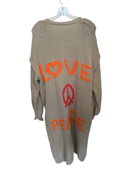 Size L Taupe & Orange Print Polyester Long Sleeve Knit Peace Sign Duster Sweater Taupe & Orange Print / L
