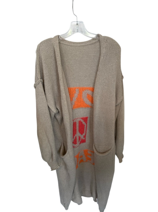 Size L Taupe & Orange Print Polyester Long Sleeve Knit Peace Sign Duster Sweater Taupe & Orange Print / L