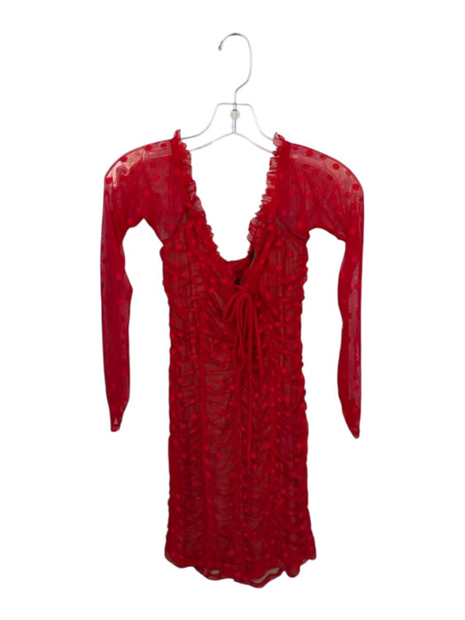 Majorelle Size M Red Nylon Blend Long Sleeve Polka Dot Gathered Side Mini Dress Red / M