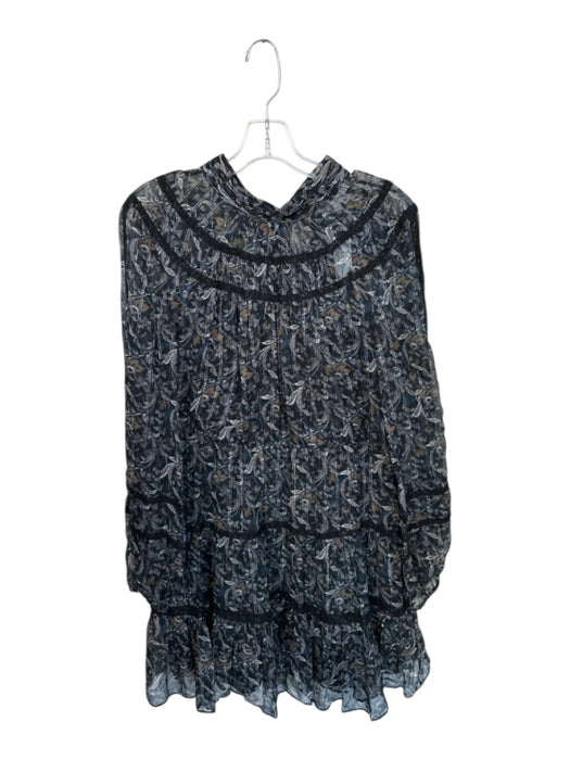 Veronica Beard Size 12 Navy & Tan Silk Long Sleeve Paisley Print Back Tie Dress Navy & Tan / 12