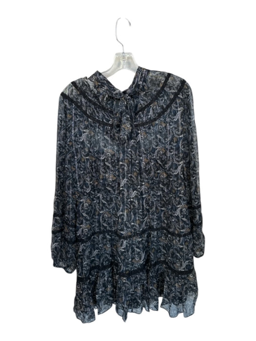 Veronica Beard Size 12 Navy & Tan Silk Long Sleeve Paisley Print Back Tie Dress Navy & Tan / 12