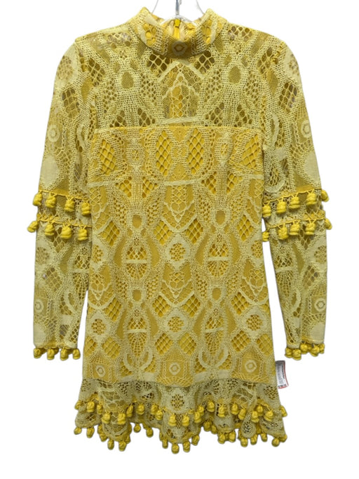 alexis dress yellow Alexis Size XS Yellow Cotton Blend Lace Overlay Mock Neck Pom Pom Trim Dress