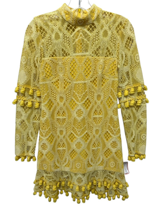 Alexis Size XS Yellow Cotton Blend Lace Overlay Mock Neck Pom Pom Trim Dress Yellow / XS