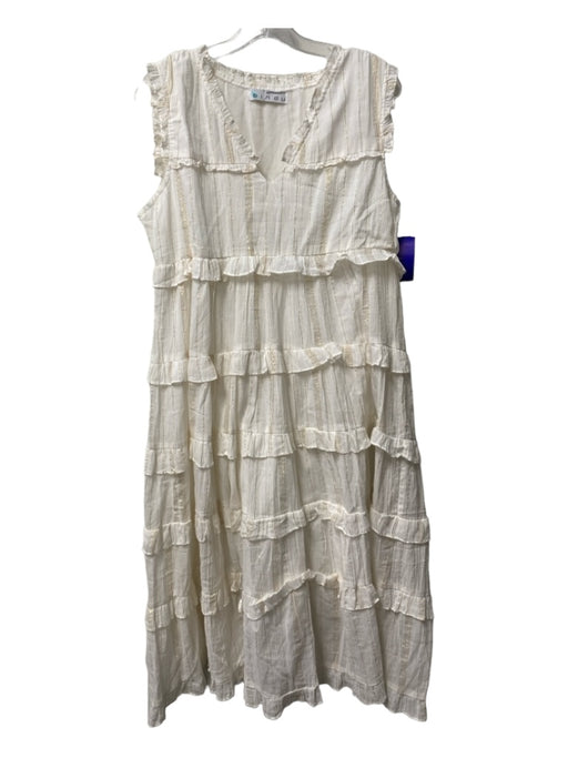 Bindu Size M White Cotton V Neck Ruffle Detail Sleeveless Shimmer Dress White / M