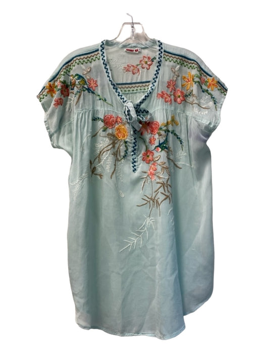 Johnny Was Size S Teal & Multi Rayon Half Button neck tie Embroidered Floral Top Teal & Multi / S