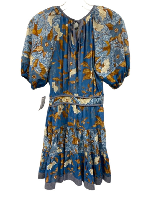 Ulla Johnson Size 2 Blue, Brown, White Cotton Blend Short Puff Sleeve Dress Blue, Brown, White / 2
