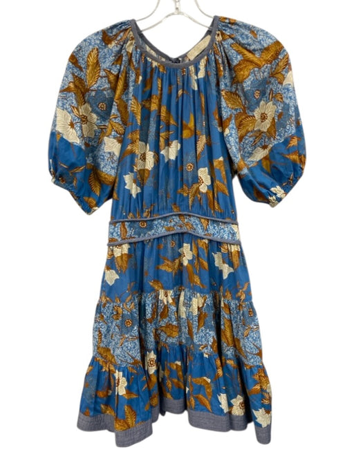 Ulla Johnson Size 2 Blue, Brown, White Cotton Blend Short Puff Sleeve Dress Blue, Brown, White / 2