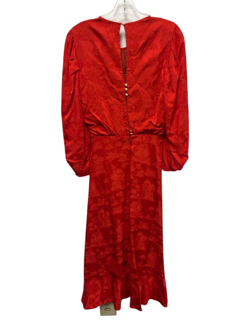Johanna Ortiz Size 2 Red Viscose Long Sleeve Jacquard Floral Ruched Dress Red / 2
