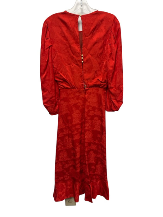 Johanna Ortiz Size 2 Red Viscose Long Sleeve Jacquard Floral Ruched Dress Red / 2