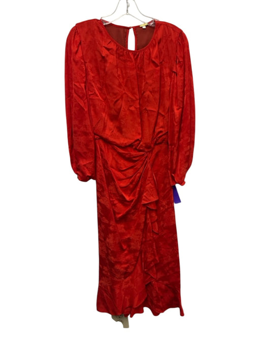 Johanna Ortiz Size 2 Red Viscose Long Sleeve Jacquard Floral Ruched Dress Red / 2