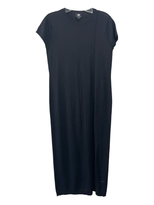 W by Worth Size S Black Wool Round Neck Short Sleeve Midi slit Dress Black / S